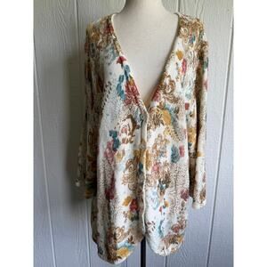 CJ Banks Floral Button Front Cardigan 2X Boho Lightweight Sweater Plus Size